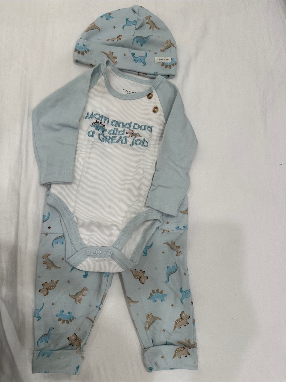 Tahari Baby 4pc Light Blue Dino Print Set